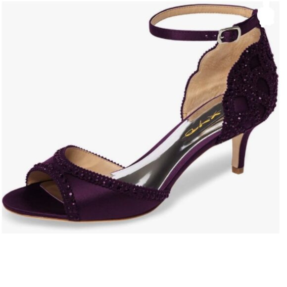 XYD Dark Purple Open Toe Rhinestones Ankle Strap Sandals Low Heel Bridal Shoes - Picture 1 of 8